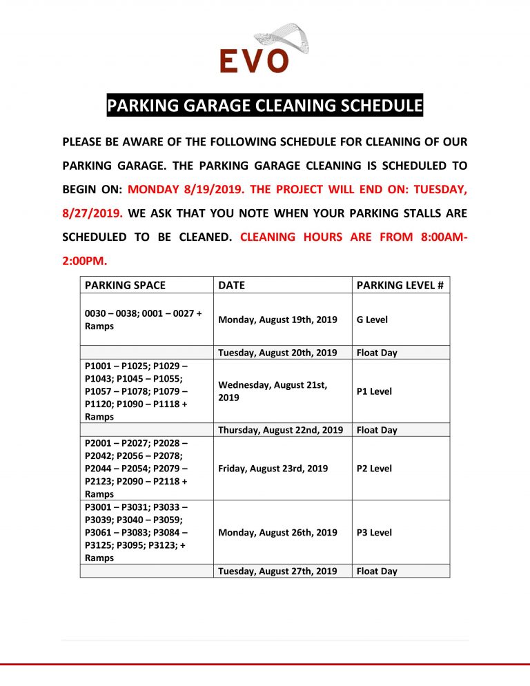Parking Garage Cleaning Schedule August 2019 Evo